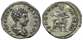 Geta caesar, 198-209. Denarius circa 200-202, AR 19mm., 3.34g. Bareheaded and draped bust r. Rev. Securitas seated l., holding globe and resting arm o...