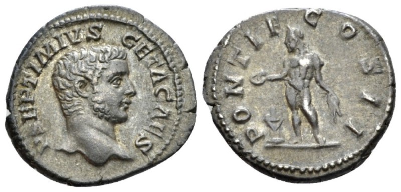 Geta caesar, 198-209. Denarius circa 209, AR 19mm., 3.28g. Bare head r. Rev. Gen...