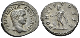 Geta caesar, 198-209. Denarius circa 209, AR 19mm., 3.28g. Bare head r. Rev. Genius standing l., sacrificing from patera over lighted altar and holdin...
