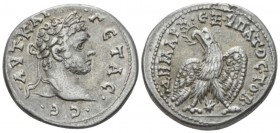 Geta, 209-212 Tetradrachm Laodicea ad Mare circa 209-211, AR 28mm., 13.37g. Laureate head r. Rev. Eagle standing facing, head and tail l., with wings ...