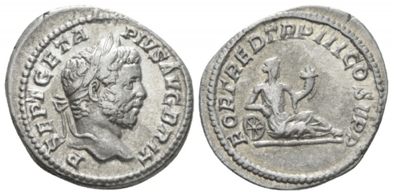 Geta, 209-212 Denarius circa 211, AR 21mm., 3.32g. Laureate head r. Rev. Fortuna...