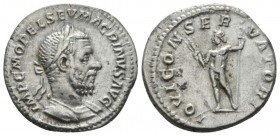 Macrinus, 217-218 Denarius circa 217-218, AR 19mm., 3.16g. Laureate and cuirassed bust r. Rev. Jupiter, naked, standing facing, head l., holding thund...