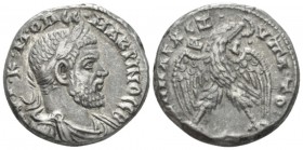 Macrinus, 217-218 Tetradrachm Antioch circa 217-218, AR 24mm., 12.19g. Laureate, draped, and cuirassed bust r. Rev. Eagle standing facing on thigh of ...