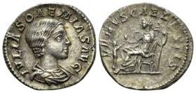 Julia Soemias, mother of Elagabalus Denarius circa 220-222, AR 19mm., 3.02g. Draped bust r. Rev. Venus seated l. on throne, holding apple and sceptre;...
