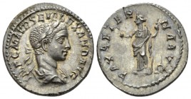 Severus Alexander, 222-235 Denarius circa 223, AR 20mm., 3.46g. Laureate, draped and cuirassed bust r. Rev. Pax standing l., holding branch and sceptr...