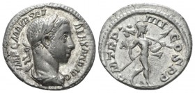 Severus Alexander, 222-235 Denarius circa 225, AR 19mm., 3.05g. Laureate, draped and cuirassed bust r. Rev. Mars walking r., carrying spear and trophy...