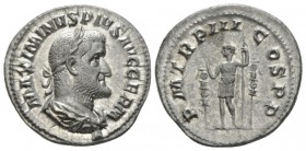 Maximinus I, 235-238 Denarius circa 235, AR 20mm., 3.28g. Laureate, draped, and cuirassed bust r. Rev. Maximinus standing l. between two signa, raisin...