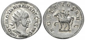 Trajan Decius, 249-251 Antoninianus circa 250, AR 21mm., 4.23g. Radiate, draped and cuirassed bust r. Rev. Emperor on horseback l., extending arm in s...