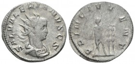 Saloninus caesar, 255-259 Antoninianus Mediolanum circa 256, AR 23mm., 2.76g. Radiate and draped bust r. Rev. Saloninus standing facing, head l., hold...