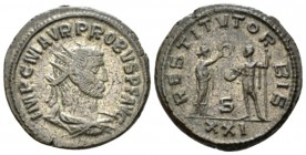 Probus, 276-282 Antoninianus Antiochia circa 208, billon 20mm., 4.10g. Radiate, draped, and cuirassed bust r. Rev. Female standing r., presenting wrea...
