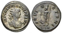 Carus, 282-283 Antoninianus circa 282-283, billon 21mm., 3.64g. Radiate and cuirassed bust r. Rev. Jupiter standing l., holding Victory on globe and s...