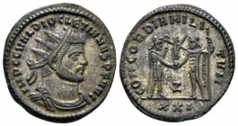 Diocletian, 284-305 Antoninianus Antiochia circa 293-295, billon 23mm., 4.78g. Radiate, draped, and cuirassed bust r. Rev. Diocletian standing r., hol...