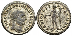Maximianus Herculius, first reign 286-305 Follis Cyzicus circa 297-299, Æ 28mm., 9.66g. Laureate head r. Rev. Genius standing l., with modius on head ...