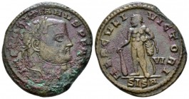 Constantius I, 305-306 Follis Siscia circa 305-306, Æ 29mm., 10.83g. Laureate head of Galerius r. Rev. Heracles standing l., holding club, lion's skin...