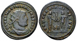 Galerius caesar, 293-305. Radiate Cyzicus circa 295-299, Æ 2mm., 3.68g. Radiate, draped, and cuirassed bust r. Rev. Galerius standing r., holding scep...