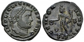 Licinius, 308-324 Follis Siscia circa 309-310, Æ 24mm., 7.25g. Laureate head r. Rev. Genius standing l., wearing polos and holding patera and cornucop...