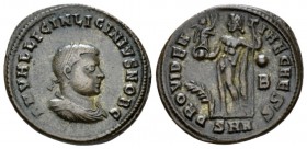 Licinius II caesar, 317-324 Follis Nicomedia circa 317-320, Æ 19mm., 3.51g. Laureate, draped and cuirassed bust r. Rev. Jupiter standing l., holding V...
