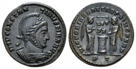 Constantine I, 307-337 Reduced follis Ticinum circa 318-319, Æ 18mm., 3.12g. Laureate, helmeted and cuirassed bust r. Rev. Two Victories standing vis ...