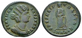 Fausta, wife of Constantine Æ4 Cyzicus circa 325-326, Æ 20mm., 2.82g. Bare-headed and mantled bust r. Rev. Fausta standing l., holding two children in...