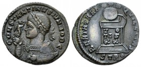 Constantine II caesar, 317-337. Follis Treviri circa 322, Æ 18mm., 2.91g. Bronze 322, Æ 17mm, 2.91g. Laureate. draped and cuirassed bust l.; holding m...