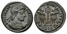 Constantine II, 337-340 Æ4 Siscia circa 337-340, Æ 18mm., 1.84g. Diademed, draped and cuirassed bust r. Rev. Two soldiers standing facing, holding shi...