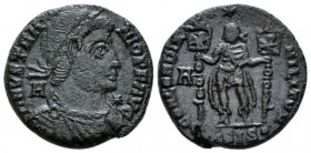 Vetranio, March – 25th December 350 Follis Siscia circa 350, Æ 20mm., 4.91g. Laureate, draped and cuirassed bust r.; in field, A - *. Rev. Emperor sta...