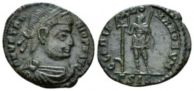 Vetranio, March – 25th December 350 Æ3 Siscia circa 350, Æ 16mm., 2.28g. Laureate, draped and cuirassed bust r. Rev. Emperor, in military attire, stan...