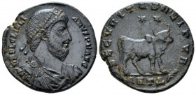 Julian II, 360-363 Follis circa 361-363, Æ 26mm., 9.16g. Pearl-diademed, draped and cuirassed bust r. Rev. Bull standing r.; above, two stars. In exer...