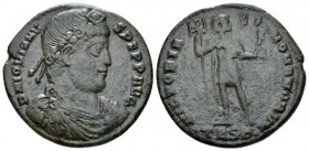 Jovian , 363-364 Follis Thessalonica circa 363-364, Æ 26mm., 8.22g. Laurel and rosette-diademed, draped, and cuirassed bust r. Rev. Emperor standing f...