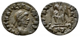 Majorian, 457-461 Æ4 Mediolanum circa 457-461, Æ 13.1mm., 0.91g. D N IVL MAIORIANVS PE AVG Diademed, draped and cuirassed bust r. Rev. VICTORIA AVGGG ...