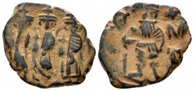 Constans II, 641-668. 40 Nummi Constantinopolis circa 641-668, Æ 18mm., 3.63g. Constans standing facing, holding long cross. Rev. Constantine IV, Hera...