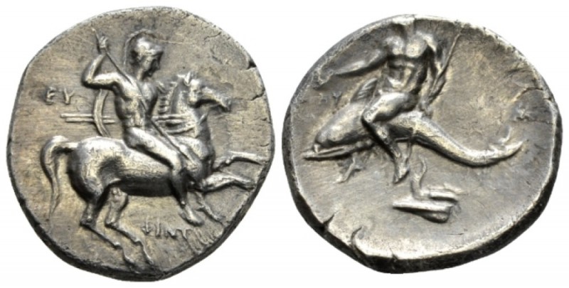 Calabria, Tarentum Nomos circa 281-270, AR 23mm., 6.17g. Helmeted and armed hors...