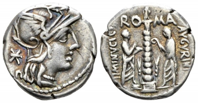 Ti. Minucius c. f Augurinus. Denarius circa 134, AR 17.5mm., 3.86g. Helmeted hea...