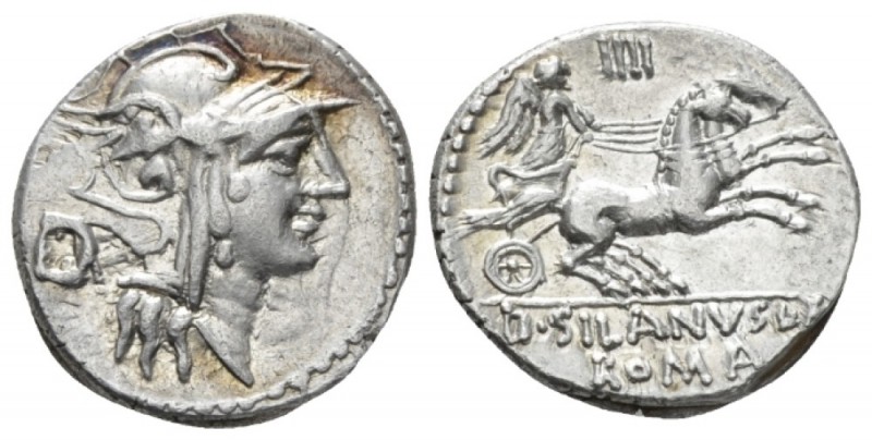 D. Iunius Silanus L.f. Denarius circa 91, AR 17.5mm., 4.02g. Helmeted head of Ro...