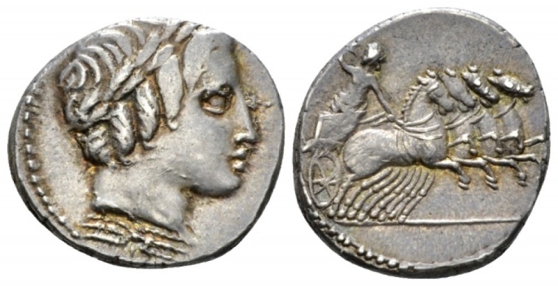 Denarius circa 85, AR 19mm., 3.90g. Laureate head of Apollo r., below, thunderbo...