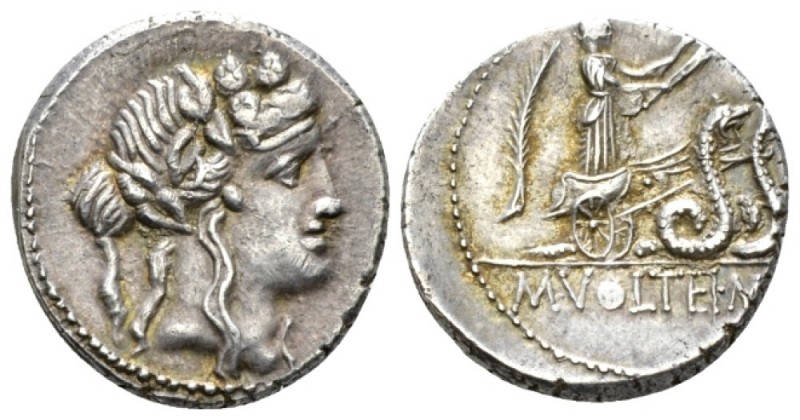 M. Volteius M.f. Denarius circa 78, AR 17.5mm., 3.92g. Head of Liber r., wearing...