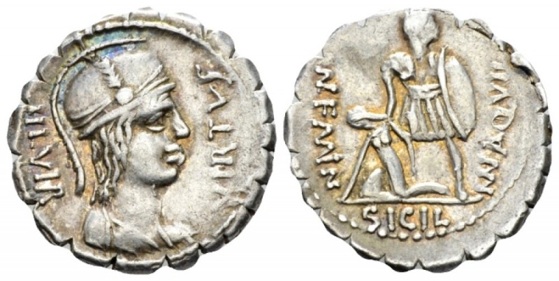 Mn. Aquillius. Denarius serratus circa 71, AR 20mm., 3.97g. VIRTVS – III VIR Hel...