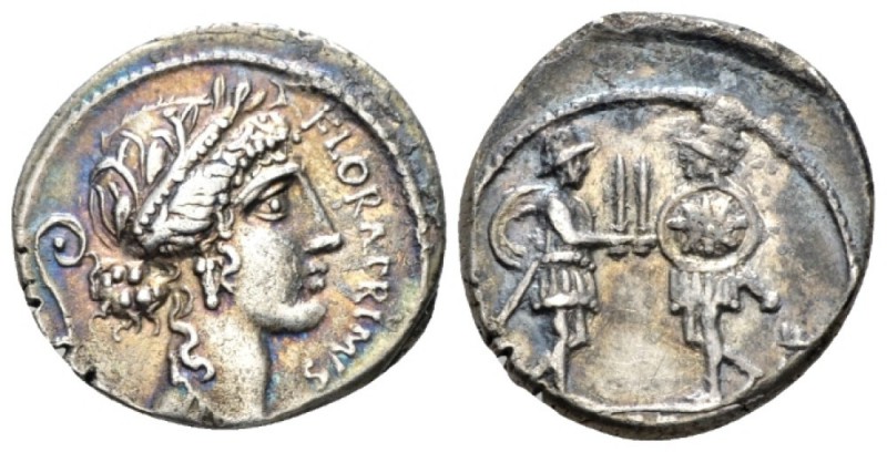 C. Servilius C.f. Denarius circa 57, AR 18.8mm., 3.32g. FLORAL·PRIMVS Wreathed h...