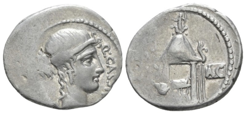 Q. Cassius Longinus. Denarius circa 55, AR 19.5mm., 3.91g. Q·CASSIVS – VEST Veil...