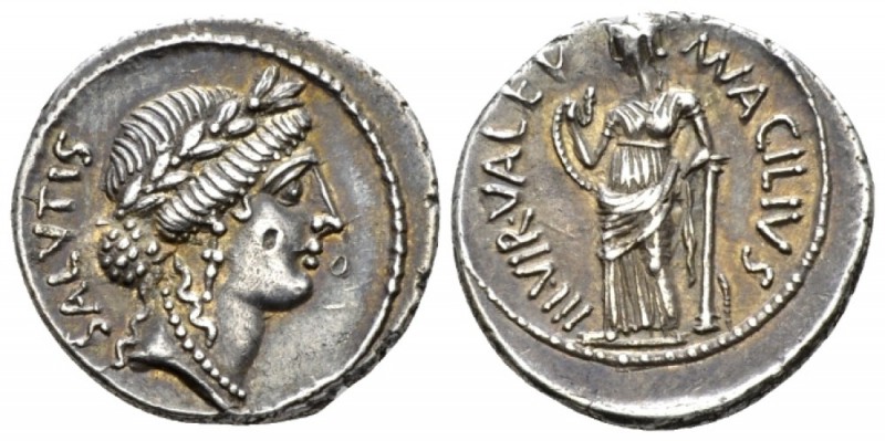 Mn. Acilius Glabrio. Denarius circa 49, AR 20mm., 4.07g. SALVTIS (upwards) Laure...