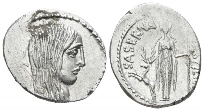 L. Hostilius Saserna. Denarius circa 48, AR 20.5mm., 4.07g. Female head r. with ...