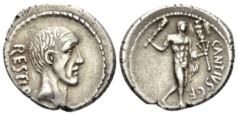 C. Antius C. f. Restio. Denarius circa 47, AR 19mm., 3.89g. RESTIO Head of C. An...