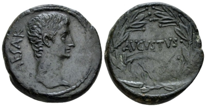 Octavian as Augustus, 27 BC – 14 AD As circa 25 BC, Æ 25.6mm., 12.52g. Bare head...