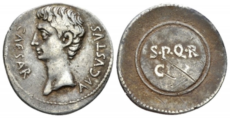 Octavian as Augustus, 27 BC – 14 AD Denarius Caesaraugusta (?) circa 19-18 BC, A...