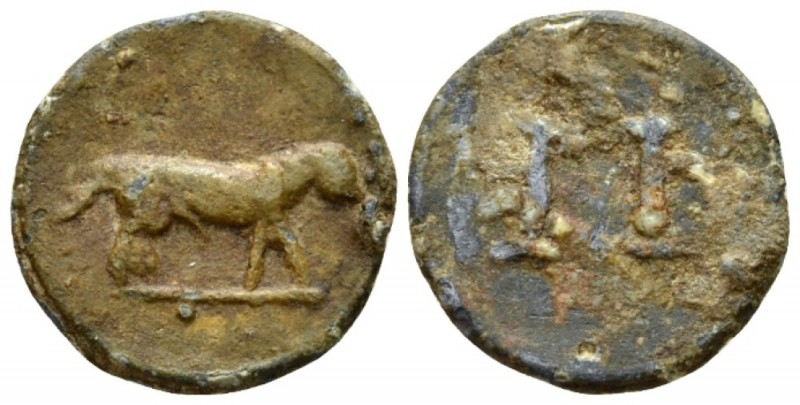 Tesserae, time of Tiberius Tessera I cent. BC, PB 18.7mm., 3.53g. Calf (?) walki...