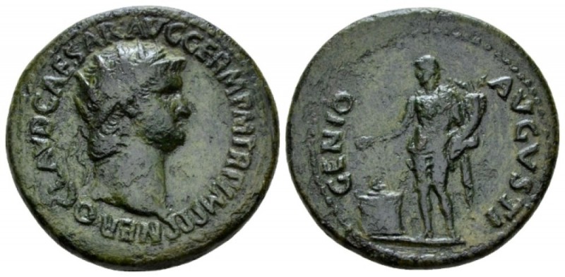 Nero, 54-68 As circa 64, Æ 25.5mm., 9.02g. Radiate head r. Rev. Genius, naked to...