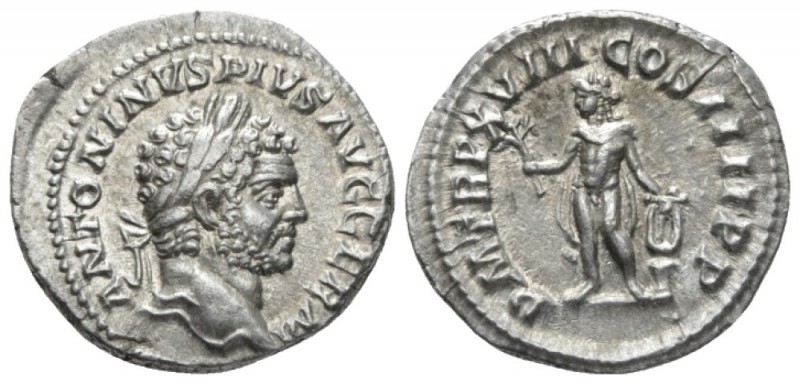 Caracalla, 198-217 Denarius circa 215, AR 18mm., 3.27g. Laureate head r. Rev. Ap...