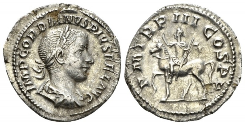 Gordian III, 238-244 Denarius circa 240, AR 20mm., 2.60g. Laureate, draped, and ...