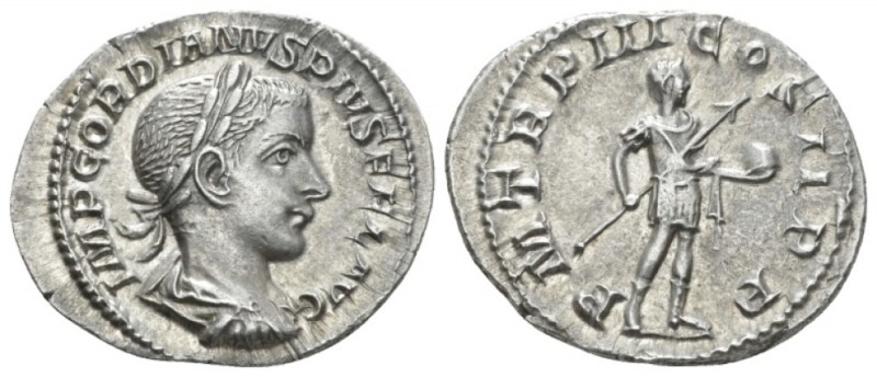 Gordian III, 238-244 Denarius circa 241-243, AR 20mm., 2.73g. Laureate, draped a...