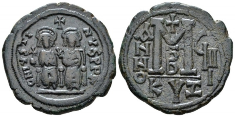 Justin II, 565-578. Follis Cyzicus circa 573-574, Æ 31mm., 13.06g. Justin and So...